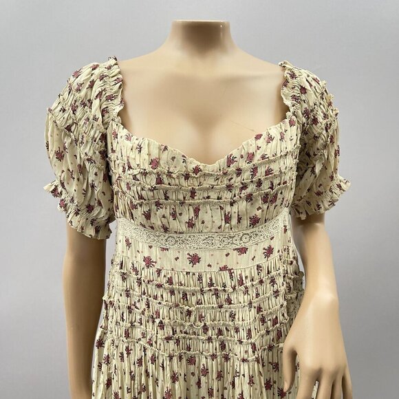 Free People Bali Juniper Smocked Floral Midi Dress Puff Sleeves Neutral Women 10 - Picture 15 of 16